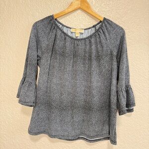 Michael Kors Women's Blue & Black Speckled Print Blouse Ruffled Sleeve Size Med